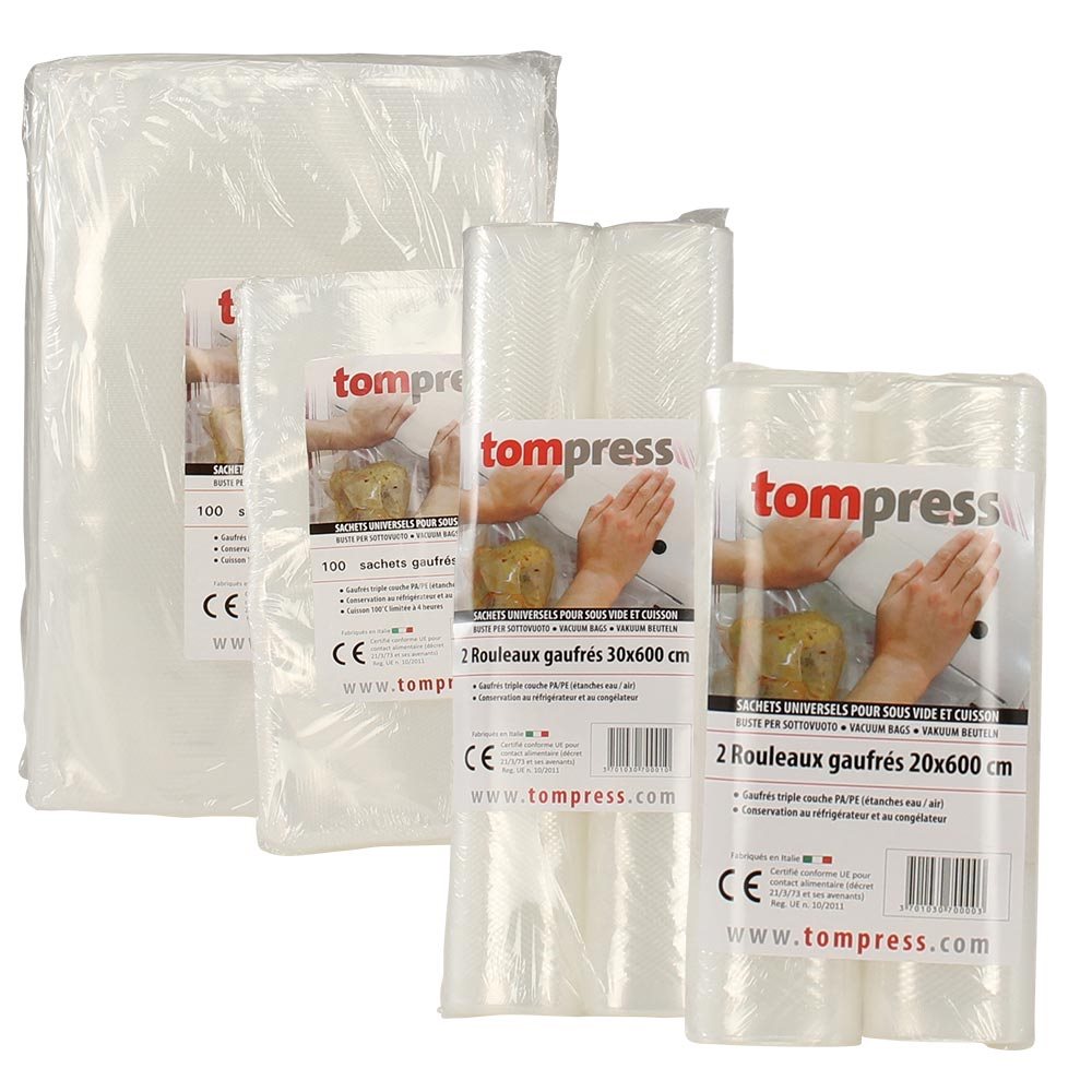 Lot de 200 sacs et 4 rouleaux sous vide alimentaires gaufrés Tom Press -  Tom Press